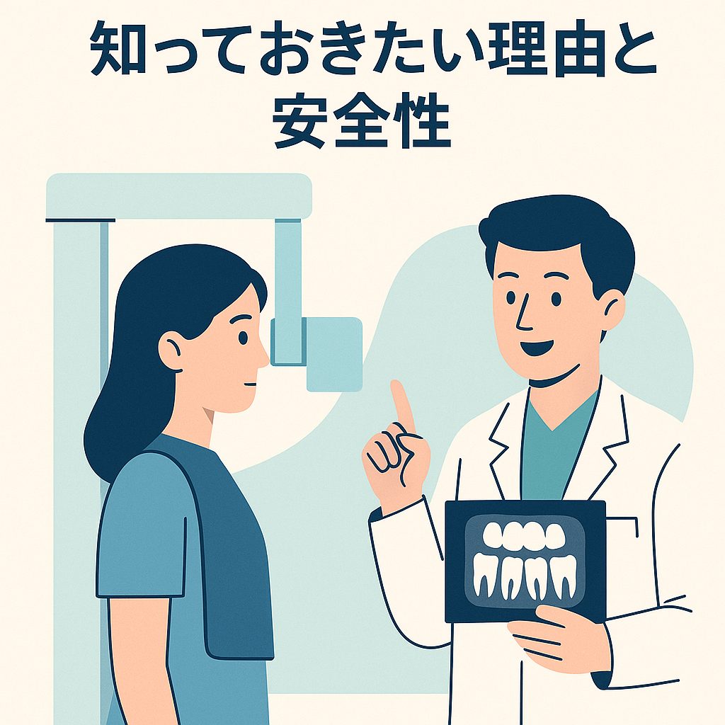 歯科医院でのレントゲン撮影の様子。患者が防護エプロンを着用し、歯科医師が診断結果を説明しているシーン。