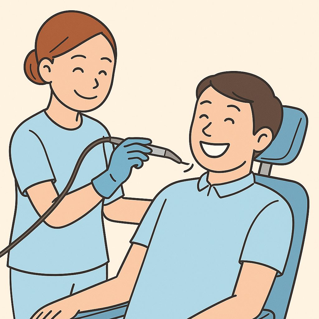 キャビトロンでやさしく歯石除去を受ける患者のイラスト