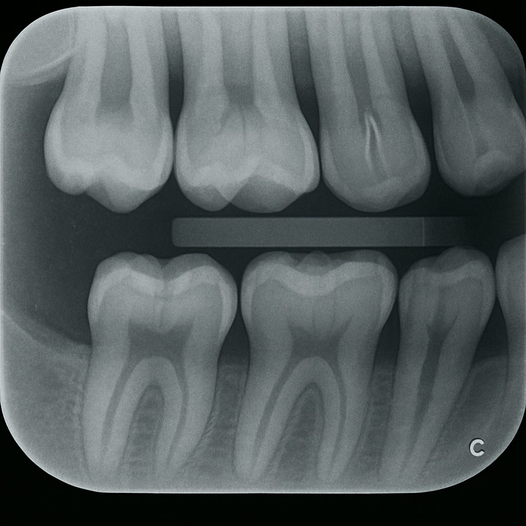 上下の奥歯の歯冠部と隣接面が写った咬翼法レントゲン画像。虫歯や歯周病の初期診断に用いられる。